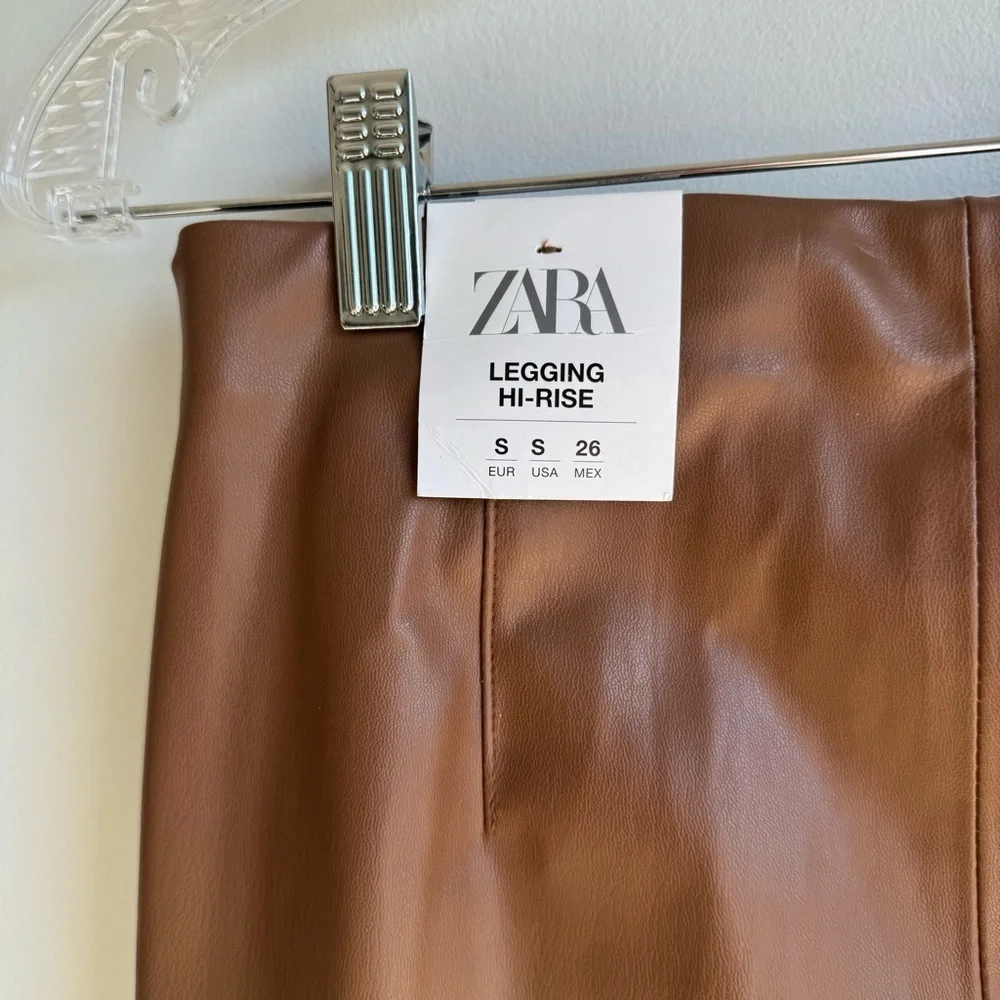 Zara Brown Faux Leather High‎ Rise Leggings w Raw Hem size S - Picture 9 of 15